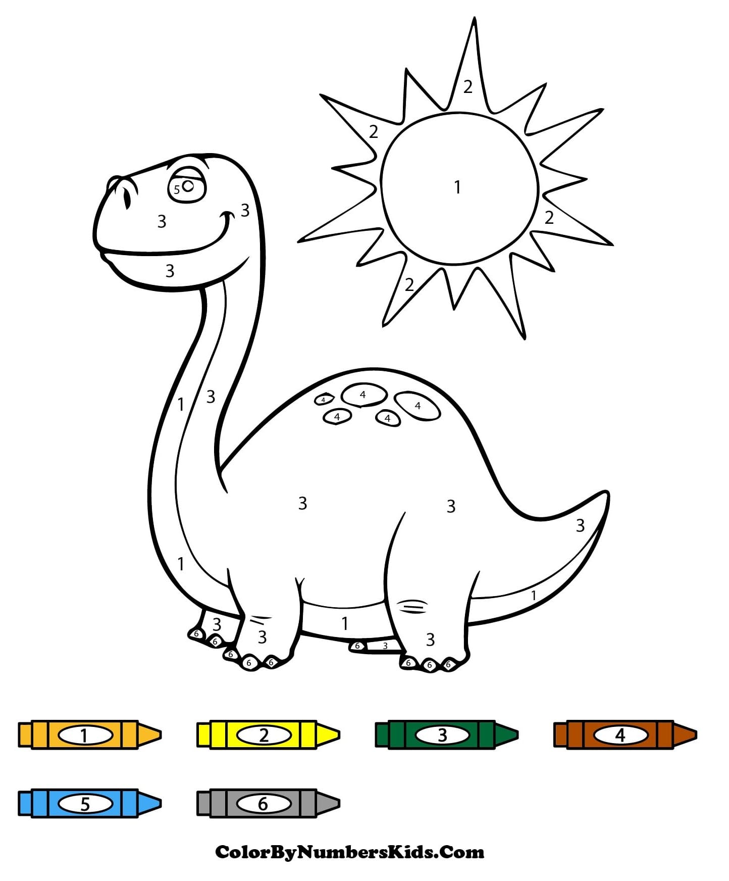 Dinosaur and Sun Color By Number