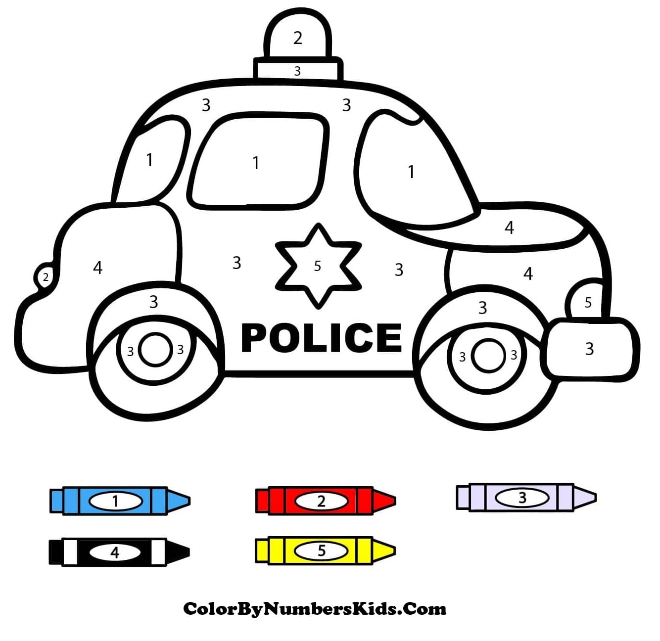 Police Car Color By Number Worksheet