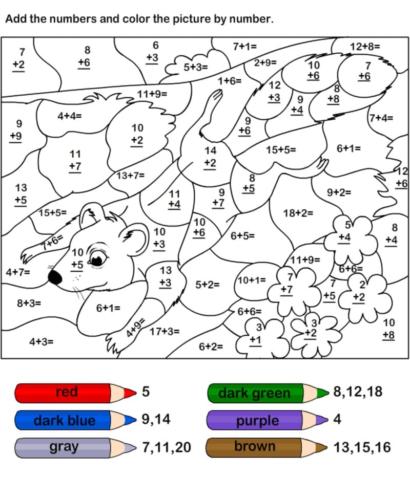 Animal Addition Color By Number