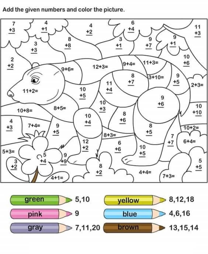 Bear Addition Color By Number