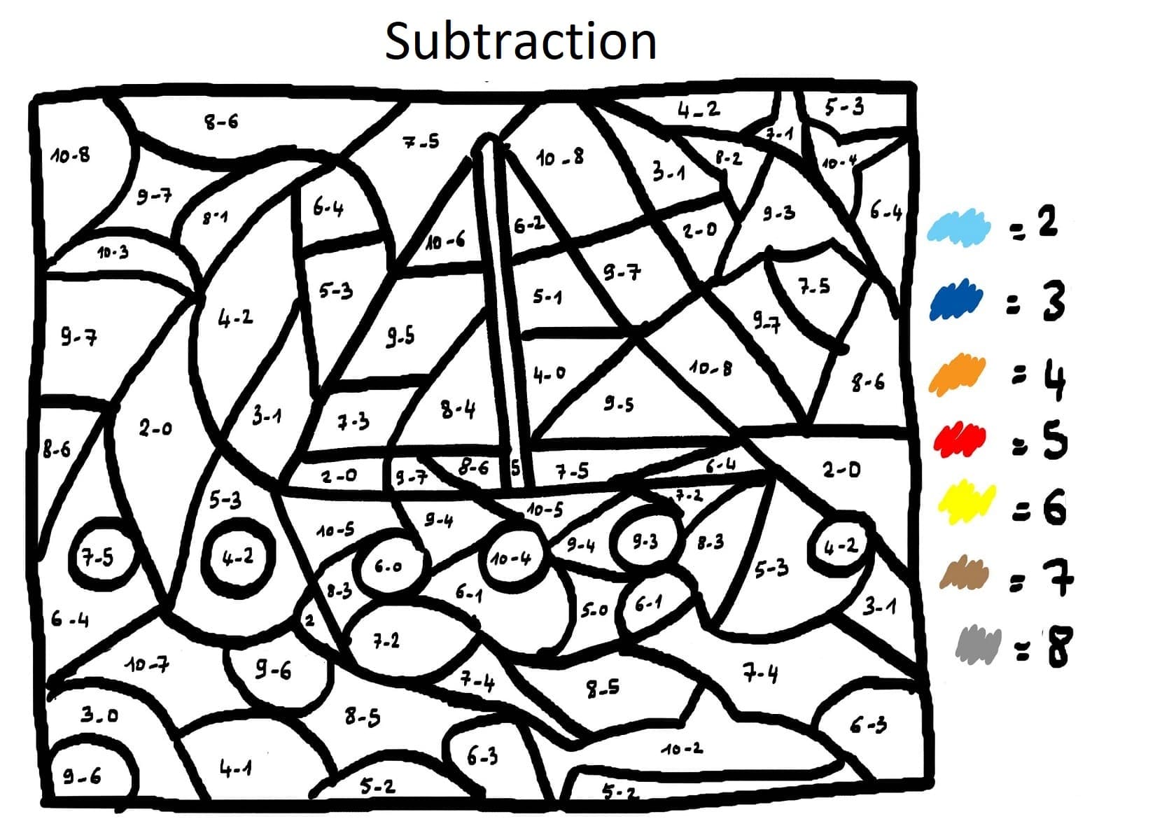 Boat Subtraction Color By Number