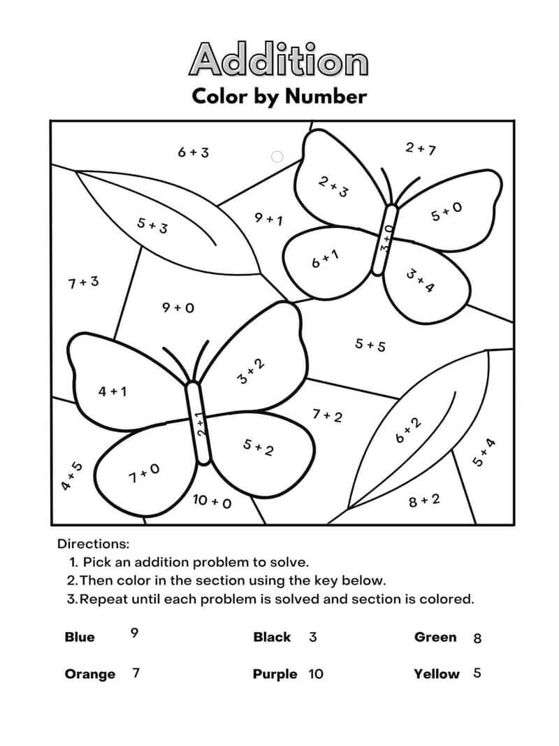 Butterflies Addition Color By Number