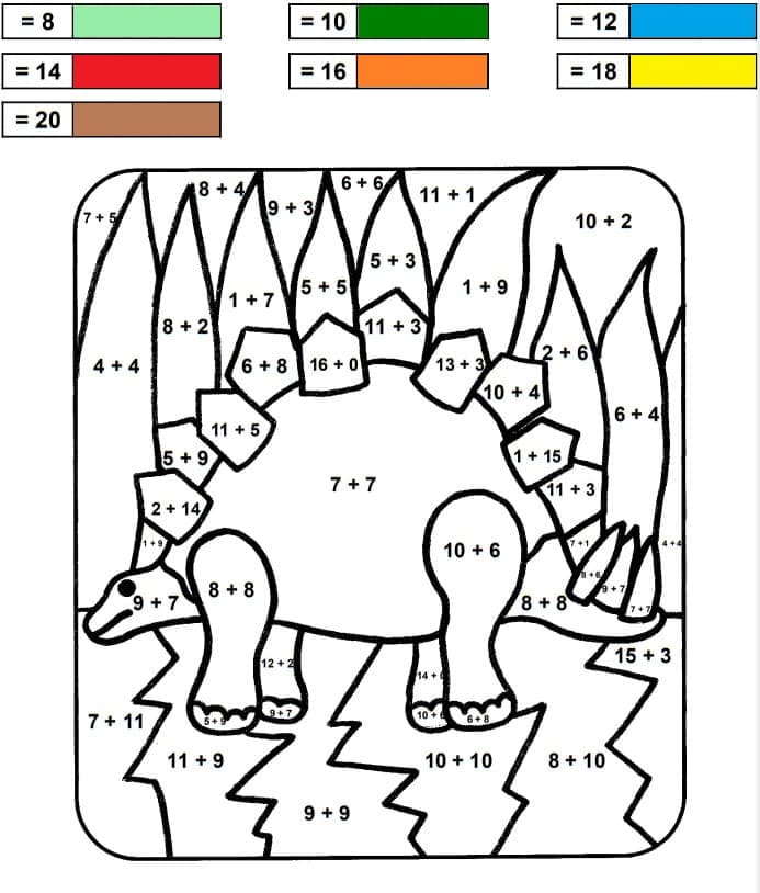 Dinosaur Addition Color By Number