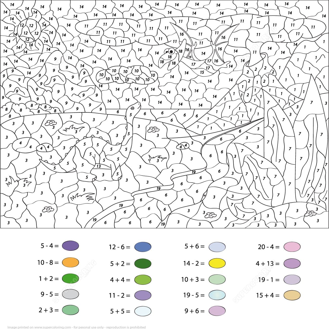 Dinosaur Color By Number Addition