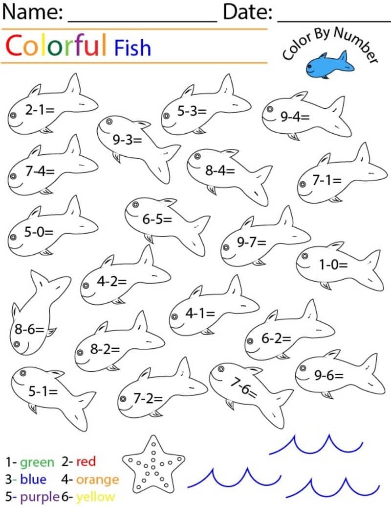 Fishes Subtraction Color By Number