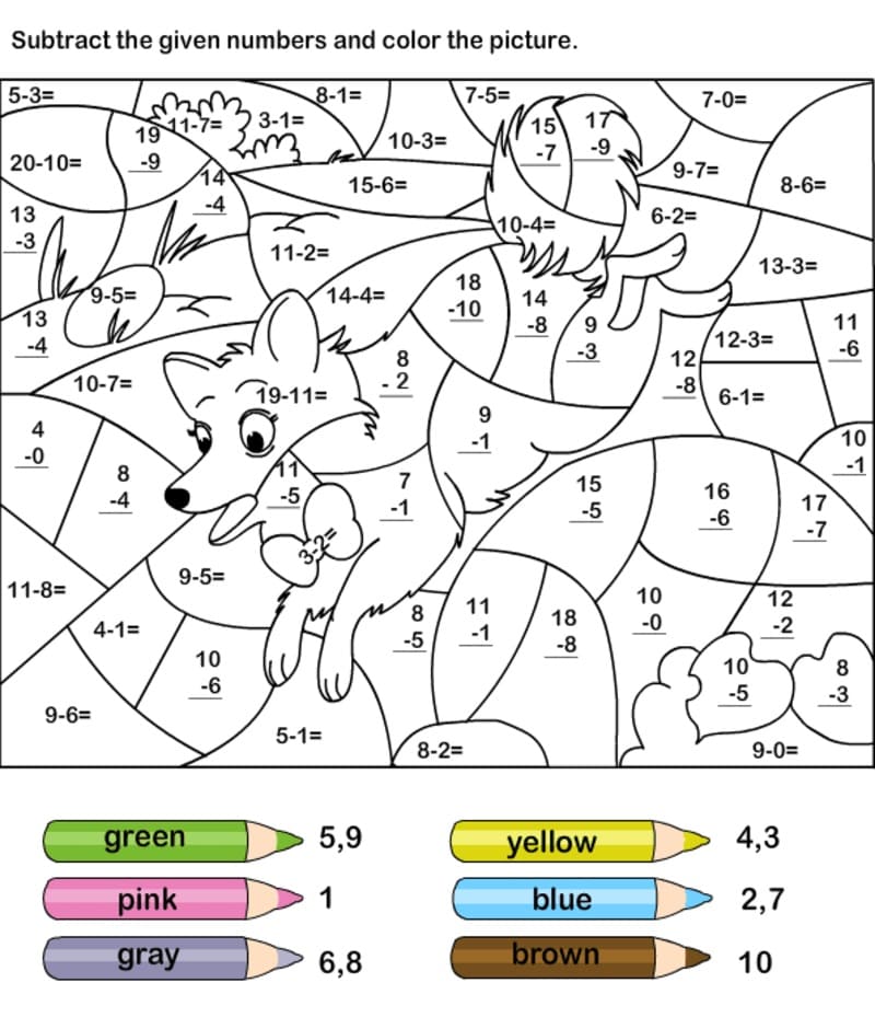 Fox Subtraction Color By Number