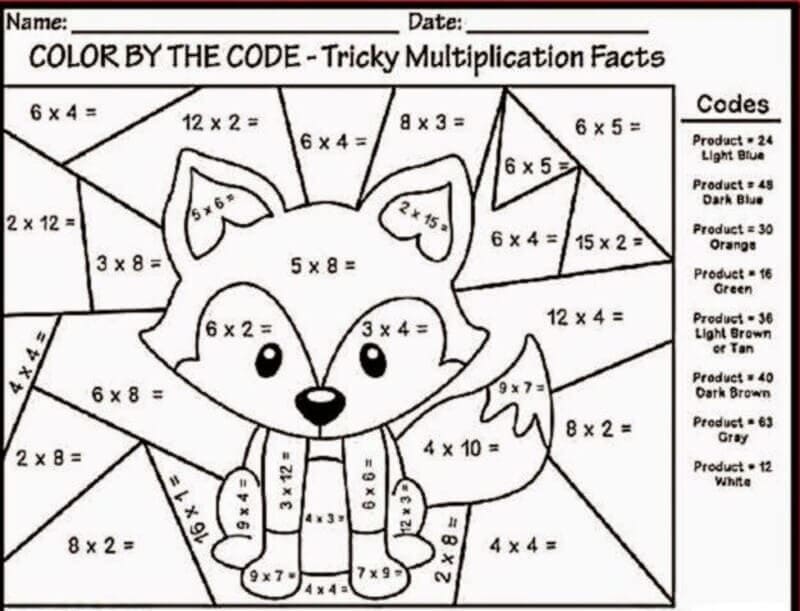 Multiplication Color By Number Fox