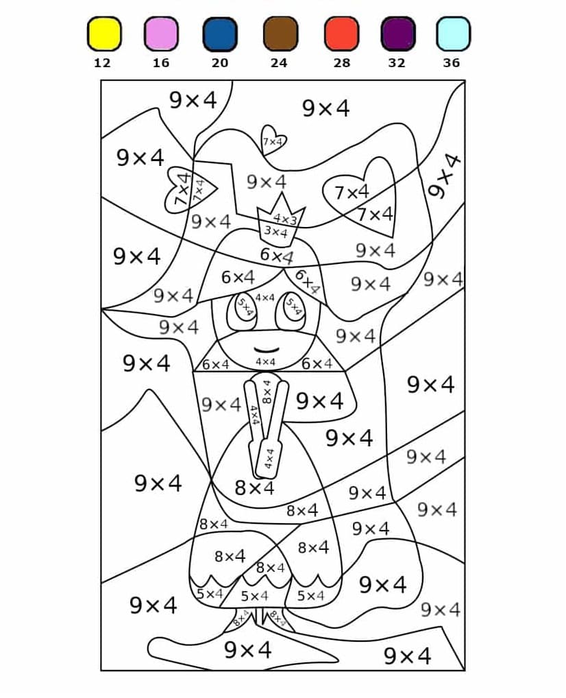 Princess Multiplication Color By Number