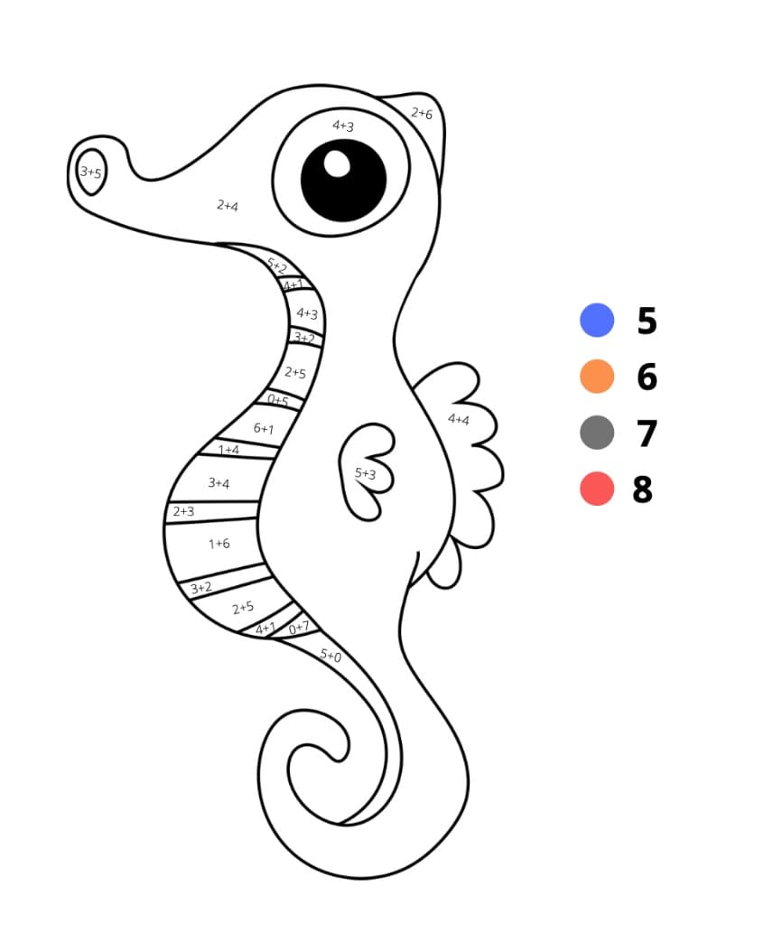 Seahorse Addition Color By Number