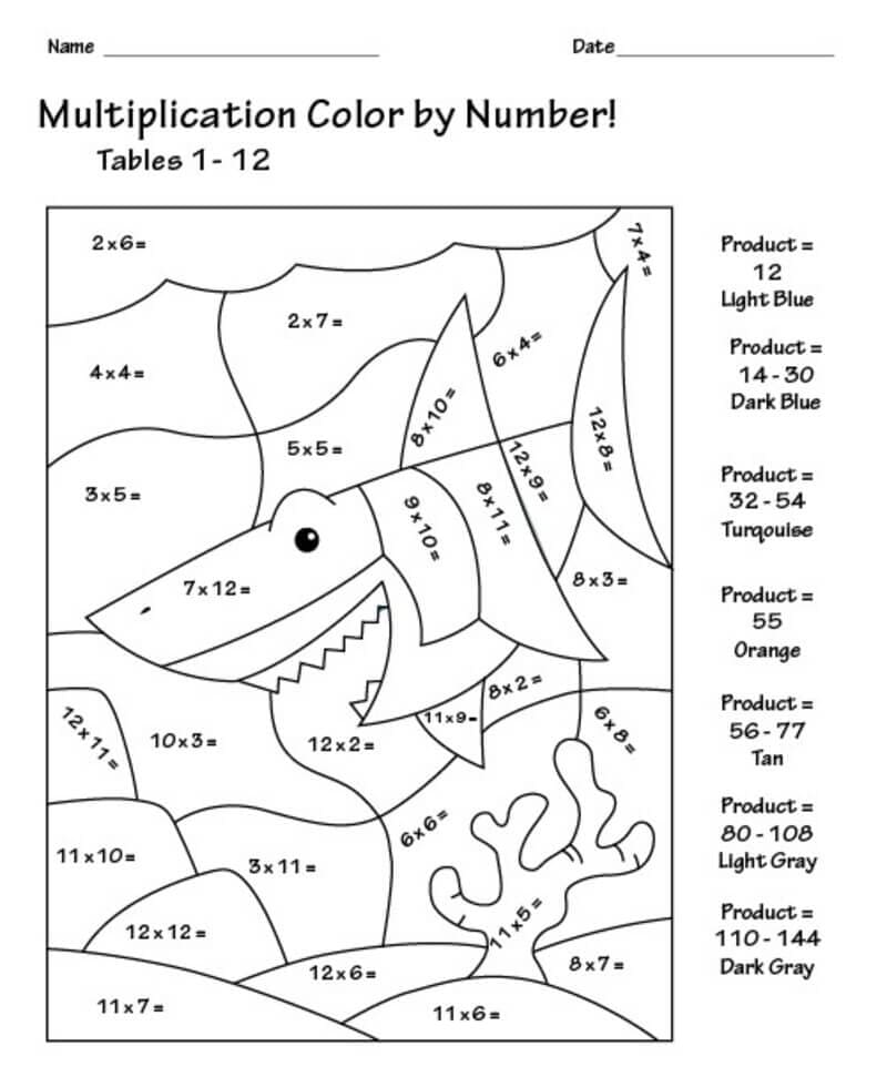 Shark Multiplication Color By Number