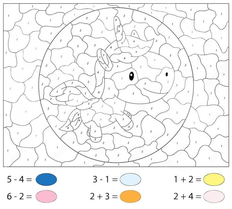 Subtraction Color By Number Unicorn