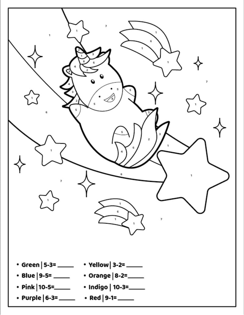 Unicorn Subtraction Color By Number