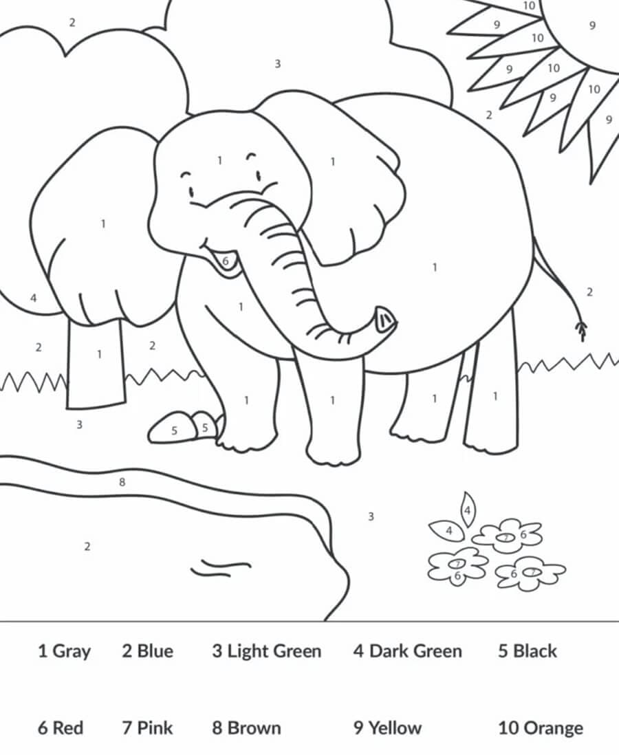 Elephant Color By Number For Kids