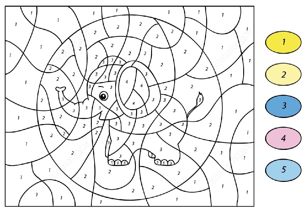 Elephant Color By Number For Kindergarten