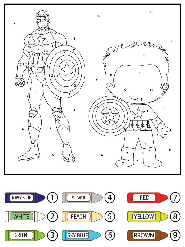 Captain America Color By Number Worksheet